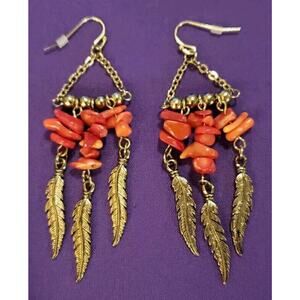 Gypsy Red Dyed Coral Earrings Chandelier Tassel Fringe Dangle Style Brass Tone